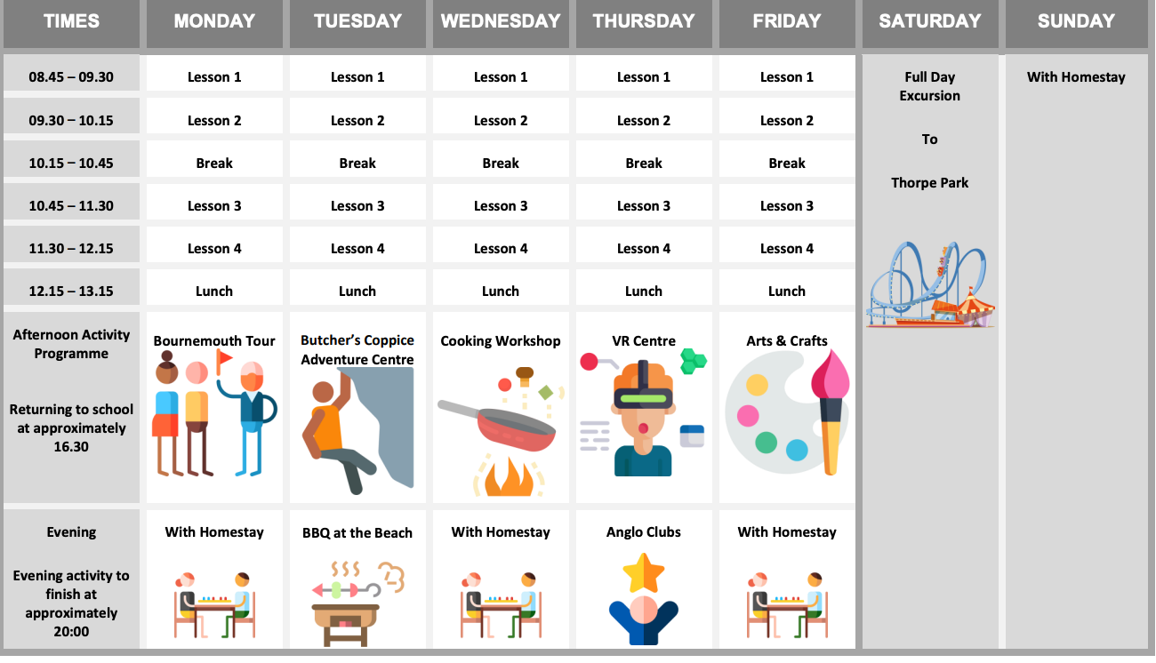 A sample timetable of Anglo Continental Summer Schools in Bournemouth.